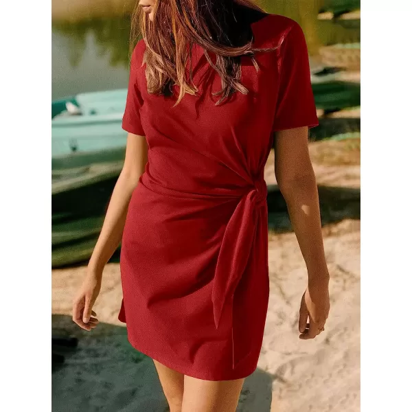 imageANRABESS Womens 2023 Summer T Shirt Dress Casual Short Sleeve Bodycon Ruched Tie Waist Mini DressesRed