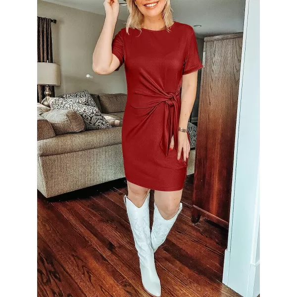 imageANRABESS Womens 2023 Summer T Shirt Dress Casual Short Sleeve Bodycon Ruched Tie Waist Mini DressesRed