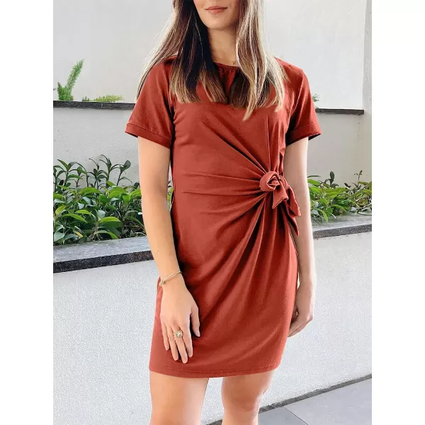 imageANRABESS Womens 2023 Summer T Shirt Dress Casual Short Sleeve Bodycon Ruched Tie Waist Mini DressesRust