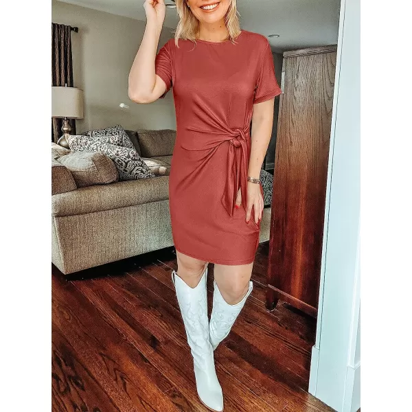 imageANRABESS Womens 2023 Summer T Shirt Dress Casual Short Sleeve Bodycon Ruched Tie Waist Mini DressesRust