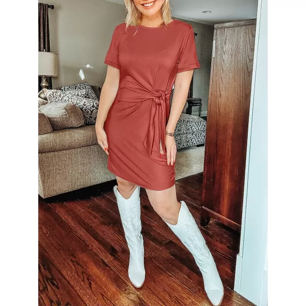 imageANRABESS Womens 2023 Summer T Shirt Dress Casual Short Sleeve Bodycon Ruched Tie Waist Mini DressesRust