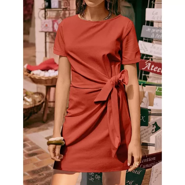 imageANRABESS Womens 2023 Summer T Shirt Dress Casual Short Sleeve Bodycon Ruched Tie Waist Mini DressesRust