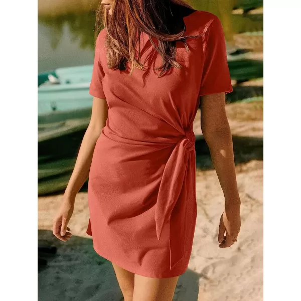 imageANRABESS Womens 2023 Summer T Shirt Dress Casual Short Sleeve Bodycon Ruched Tie Waist Mini DressesRust