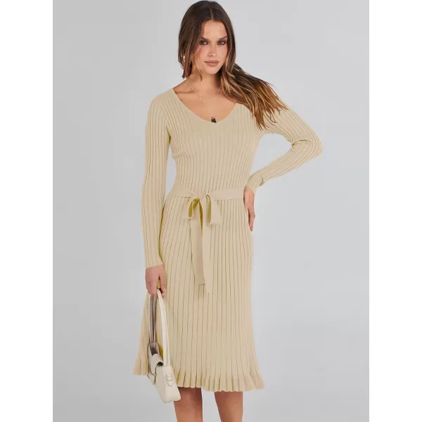 imageANRABESS Womens 2023 Sweater Dress Long Sleeve V Neck Pleated Slim Ribbed Knit Midi Dresses with BeltApricot