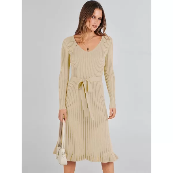 imageANRABESS Womens 2023 Sweater Dress Long Sleeve V Neck Pleated Slim Ribbed Knit Midi Dresses with BeltApricot