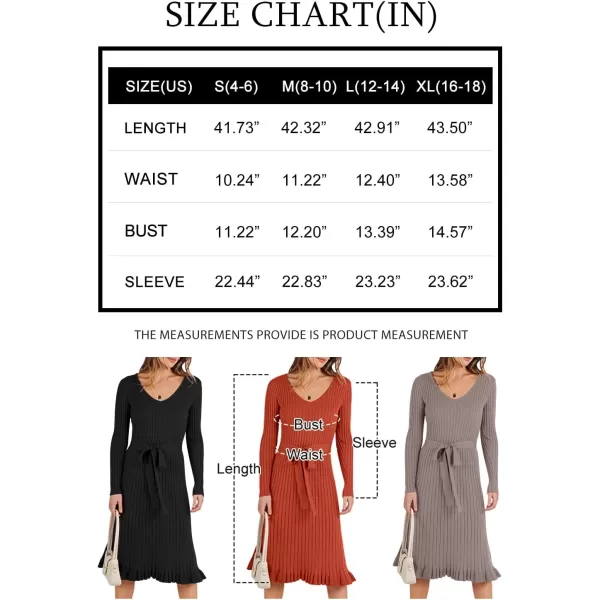 imageANRABESS Womens 2023 Sweater Dress Long Sleeve V Neck Pleated Slim Ribbed Knit Midi Dresses with BeltApricot