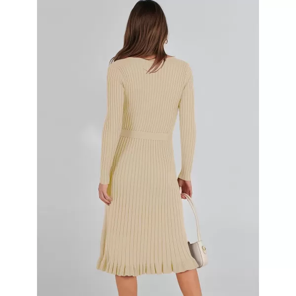 imageANRABESS Womens 2023 Sweater Dress Long Sleeve V Neck Pleated Slim Ribbed Knit Midi Dresses with BeltApricot