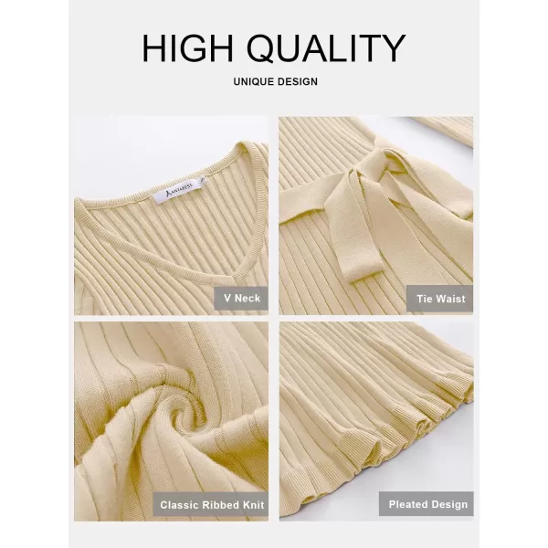 imageANRABESS Womens 2023 Sweater Dress Long Sleeve V Neck Pleated Slim Ribbed Knit Midi Dresses with BeltApricot
