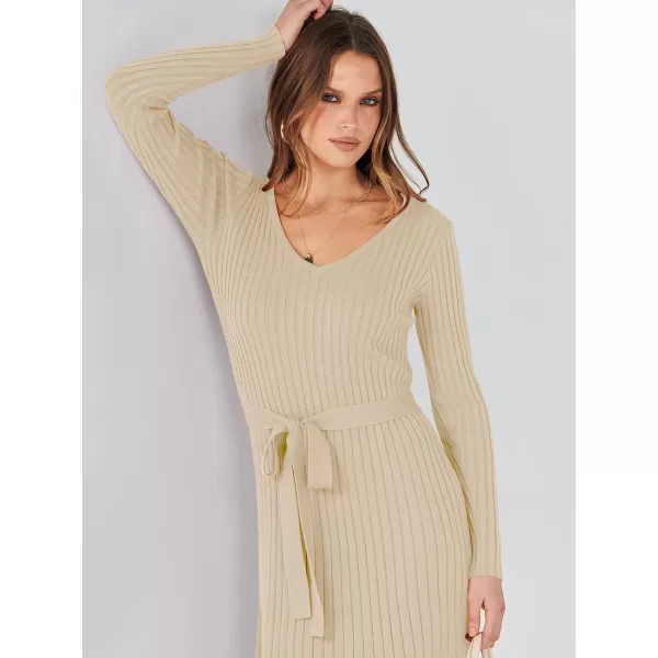 imageANRABESS Womens 2023 Sweater Dress Long Sleeve V Neck Pleated Slim Ribbed Knit Midi Dresses with BeltApricot