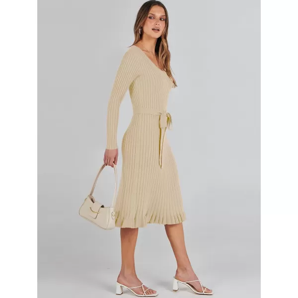 imageANRABESS Womens 2023 Sweater Dress Long Sleeve V Neck Pleated Slim Ribbed Knit Midi Dresses with BeltApricot