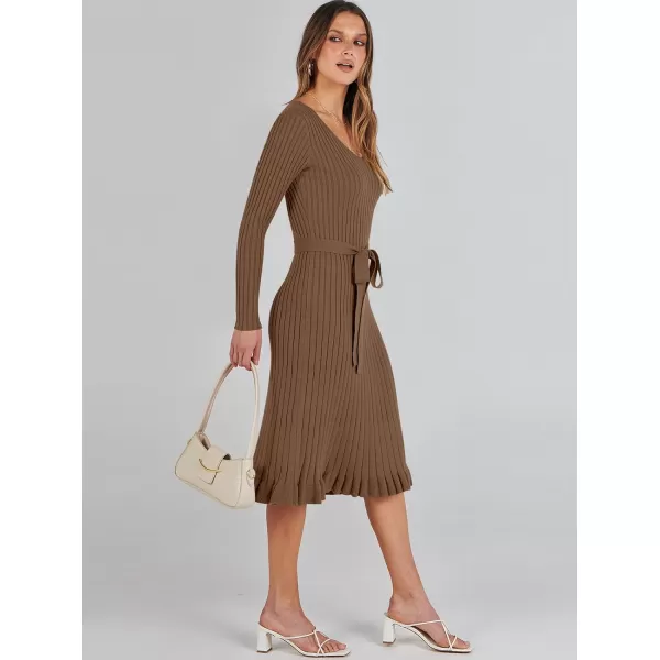 imageANRABESS Womens 2023 Sweater Dress Long Sleeve V Neck Pleated Slim Ribbed Knit Midi Dresses with BeltBrown