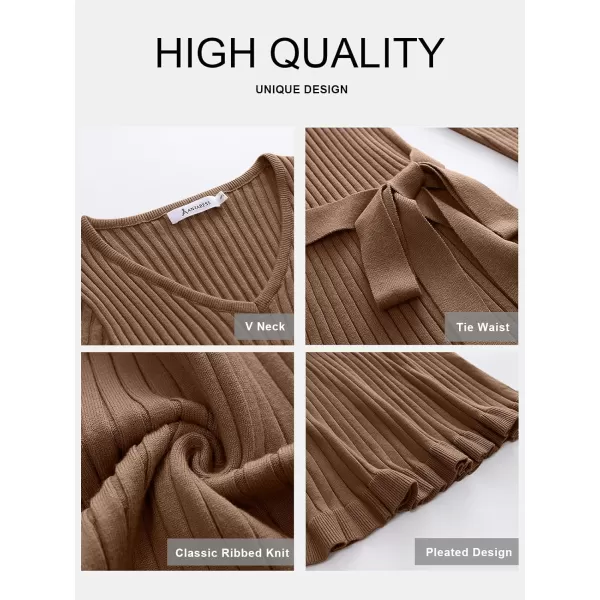 imageANRABESS Womens 2023 Sweater Dress Long Sleeve V Neck Pleated Slim Ribbed Knit Midi Dresses with BeltBrown