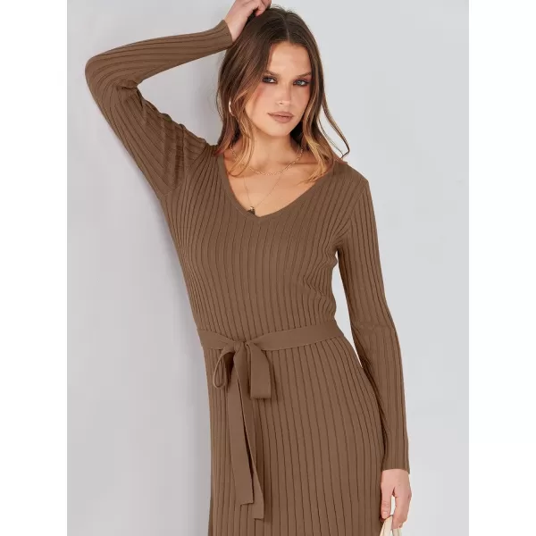 imageANRABESS Womens 2023 Sweater Dress Long Sleeve V Neck Pleated Slim Ribbed Knit Midi Dresses with BeltBrown