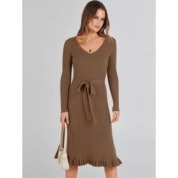 imageANRABESS Womens 2023 Sweater Dress Long Sleeve V Neck Pleated Slim Ribbed Knit Midi Dresses with BeltBrown