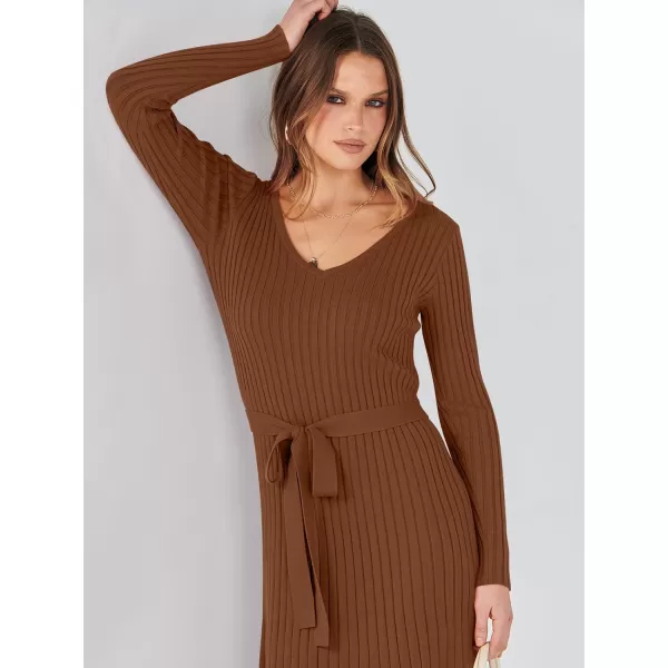 imageANRABESS Womens 2023 Sweater Dress Long Sleeve V Neck Pleated Slim Ribbed Knit Midi Dresses with BeltCoffee