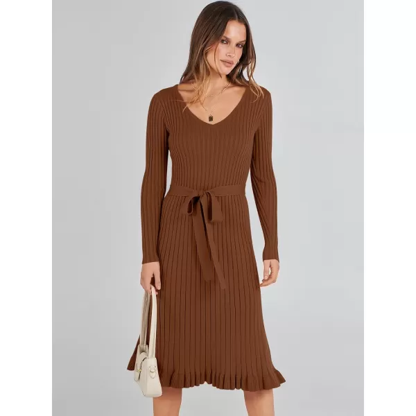 imageANRABESS Womens 2023 Sweater Dress Long Sleeve V Neck Pleated Slim Ribbed Knit Midi Dresses with BeltCoffee