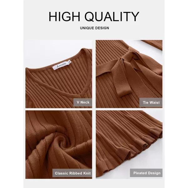 imageANRABESS Womens 2023 Sweater Dress Long Sleeve V Neck Pleated Slim Ribbed Knit Midi Dresses with BeltCoffee