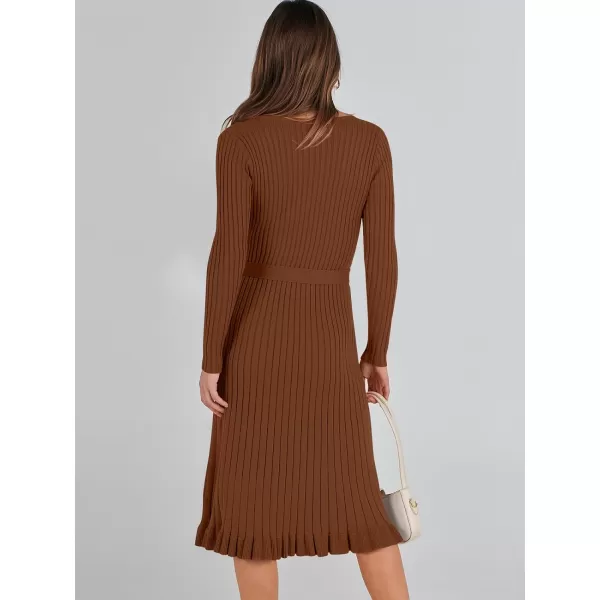 imageANRABESS Womens 2023 Sweater Dress Long Sleeve V Neck Pleated Slim Ribbed Knit Midi Dresses with BeltCoffee