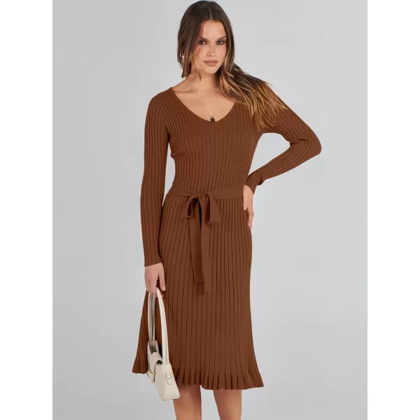 imageANRABESS Womens 2023 Sweater Dress Long Sleeve V Neck Pleated Slim Ribbed Knit Midi Dresses with BeltCoffee