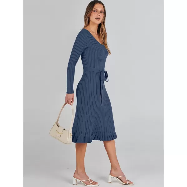 imageANRABESS Womens 2023 Sweater Dress Long Sleeve V Neck Pleated Slim Ribbed Knit Midi Dresses with BeltDusty Blue