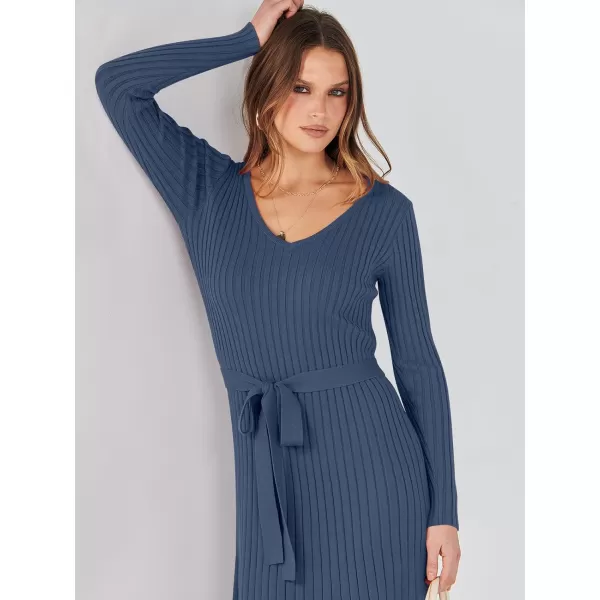 imageANRABESS Womens 2023 Sweater Dress Long Sleeve V Neck Pleated Slim Ribbed Knit Midi Dresses with BeltDusty Blue
