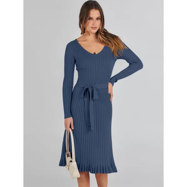 imageANRABESS Womens 2023 Sweater Dress Long Sleeve V Neck Pleated Slim Ribbed Knit Midi Dresses with BeltDusty Blue