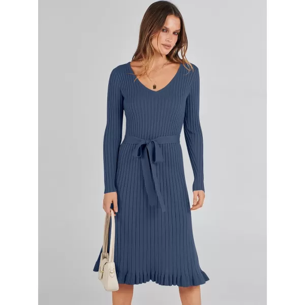 imageANRABESS Womens 2023 Sweater Dress Long Sleeve V Neck Pleated Slim Ribbed Knit Midi Dresses with BeltDusty Blue