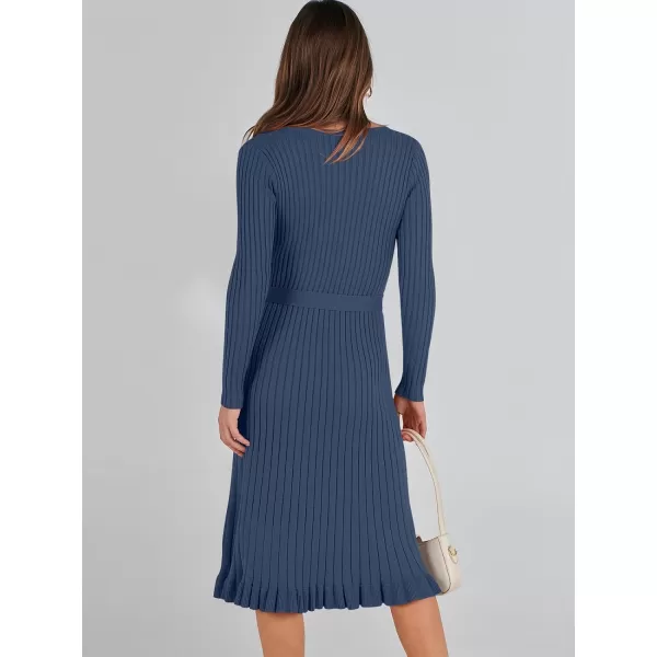 imageANRABESS Womens 2023 Sweater Dress Long Sleeve V Neck Pleated Slim Ribbed Knit Midi Dresses with BeltDusty Blue