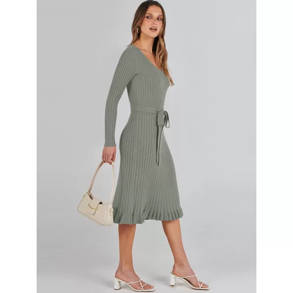 imageANRABESS Womens 2023 Sweater Dress Long Sleeve V Neck Pleated Slim Ribbed Knit Midi Dresses with BeltGreen
