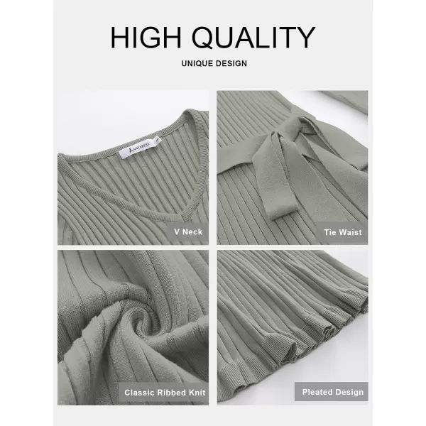 imageANRABESS Womens 2023 Sweater Dress Long Sleeve V Neck Pleated Slim Ribbed Knit Midi Dresses with BeltGreen