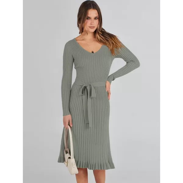 imageANRABESS Womens 2023 Sweater Dress Long Sleeve V Neck Pleated Slim Ribbed Knit Midi Dresses with BeltGreen