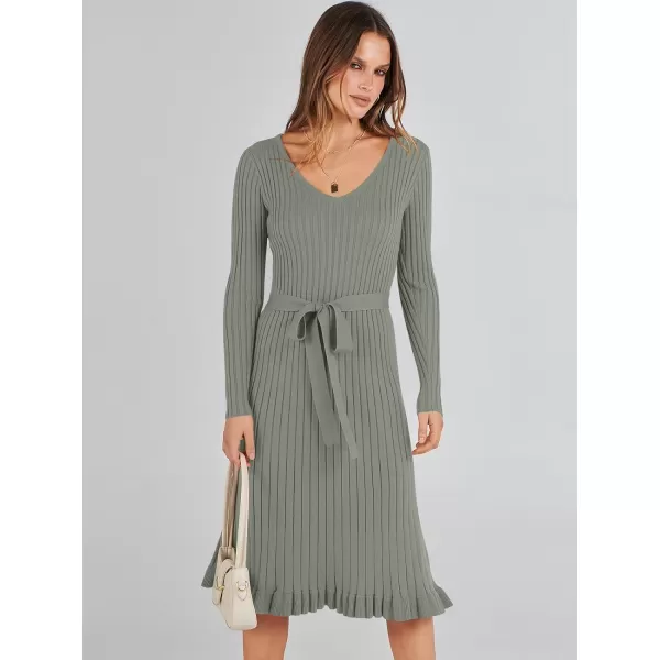 imageANRABESS Womens 2023 Sweater Dress Long Sleeve V Neck Pleated Slim Ribbed Knit Midi Dresses with BeltGreen
