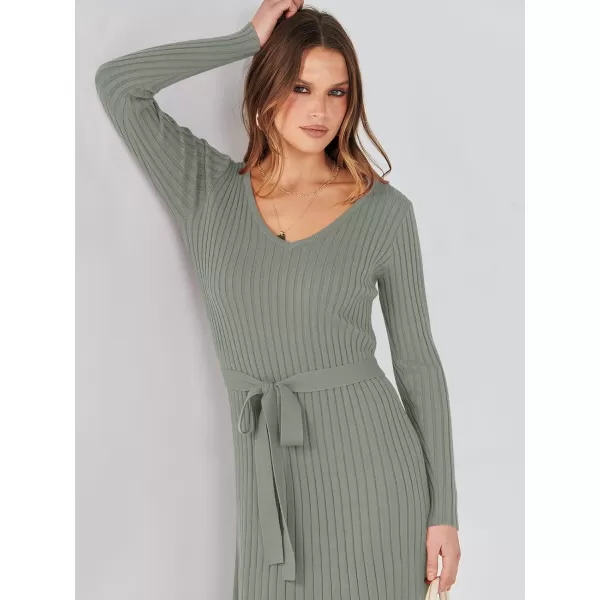 imageANRABESS Womens 2023 Sweater Dress Long Sleeve V Neck Pleated Slim Ribbed Knit Midi Dresses with BeltGreen
