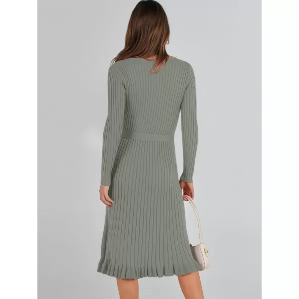 imageANRABESS Womens 2023 Sweater Dress Long Sleeve V Neck Pleated Slim Ribbed Knit Midi Dresses with BeltGreen
