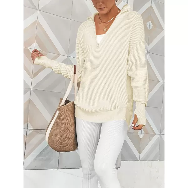 imageANRABESS Womens 2023 Trendy Long Sleeve Half Zip V Neck Collared Casual Oversized Ribbed Knit Pullover Sweater Thumb HoleAlmond