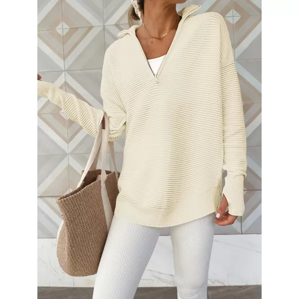imageANRABESS Womens 2023 Trendy Long Sleeve Half Zip V Neck Collared Casual Oversized Ribbed Knit Pullover Sweater Thumb HoleAlmond