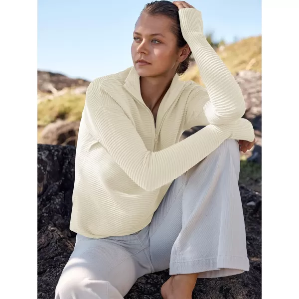 imageANRABESS Womens 2023 Trendy Long Sleeve Half Zip V Neck Collared Casual Oversized Ribbed Knit Pullover Sweater Thumb HoleAlmond