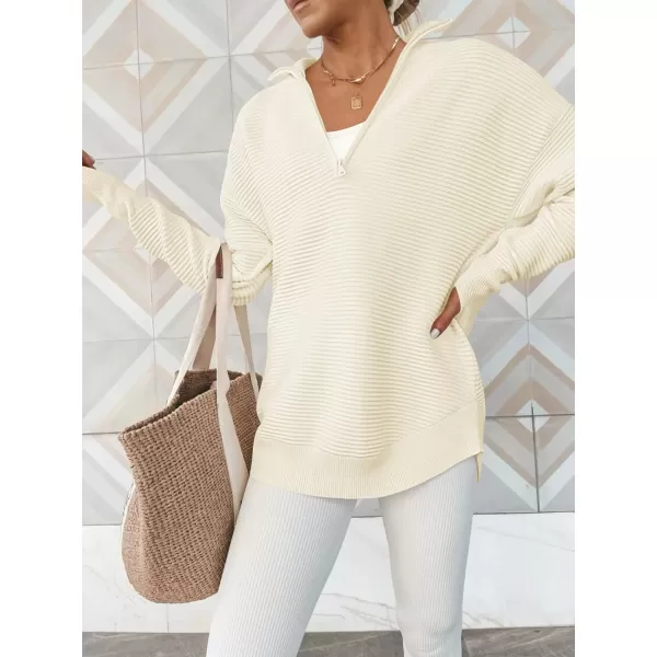 imageANRABESS Womens 2023 Trendy Long Sleeve Half Zip V Neck Collared Casual Oversized Ribbed Knit Pullover Sweater Thumb HoleAlmond
