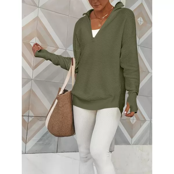 imageANRABESS Womens 2023 Trendy Long Sleeve Half Zip V Neck Collared Casual Oversized Ribbed Knit Pullover Sweater Thumb HoleArmy Green