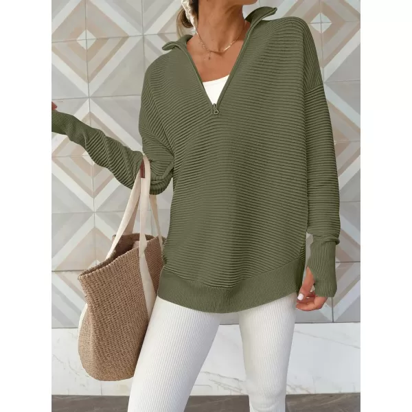 imageANRABESS Womens 2023 Trendy Long Sleeve Half Zip V Neck Collared Casual Oversized Ribbed Knit Pullover Sweater Thumb HoleArmy Green
