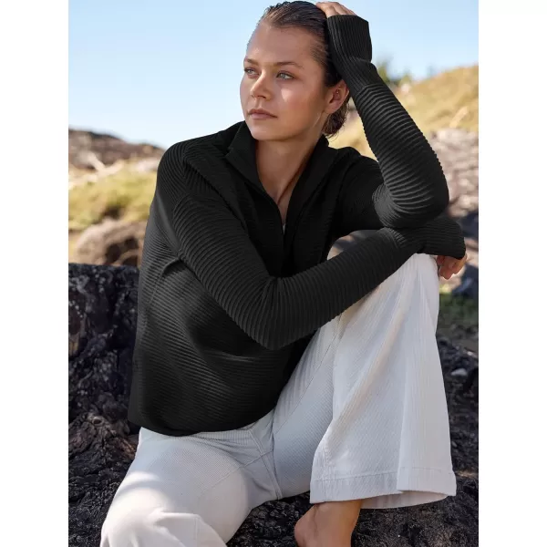 imageANRABESS Womens 2023 Trendy Long Sleeve Half Zip V Neck Collared Casual Oversized Ribbed Knit Pullover Sweater Thumb HoleBlack