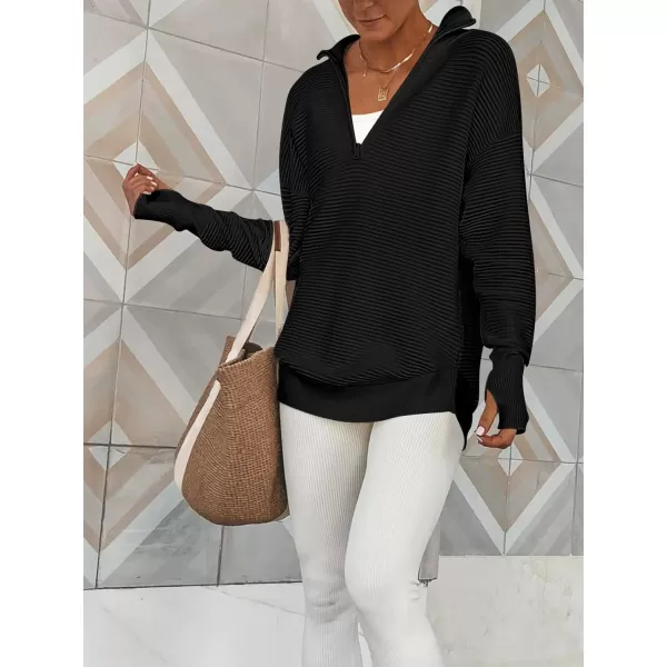 imageANRABESS Womens 2023 Trendy Long Sleeve Half Zip V Neck Collared Casual Oversized Ribbed Knit Pullover Sweater Thumb HoleBlack