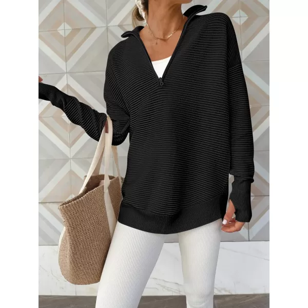 imageANRABESS Womens 2023 Trendy Long Sleeve Half Zip V Neck Collared Casual Oversized Ribbed Knit Pullover Sweater Thumb HoleBlack