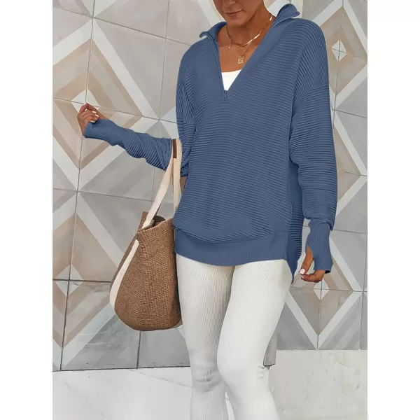 imageANRABESS Womens 2023 Trendy Long Sleeve Half Zip V Neck Collared Casual Oversized Ribbed Knit Pullover Sweater Thumb HoleBlue