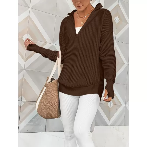 imageANRABESS Womens 2023 Trendy Long Sleeve Half Zip V Neck Collared Casual Oversized Ribbed Knit Pullover Sweater Thumb HoleCoffee