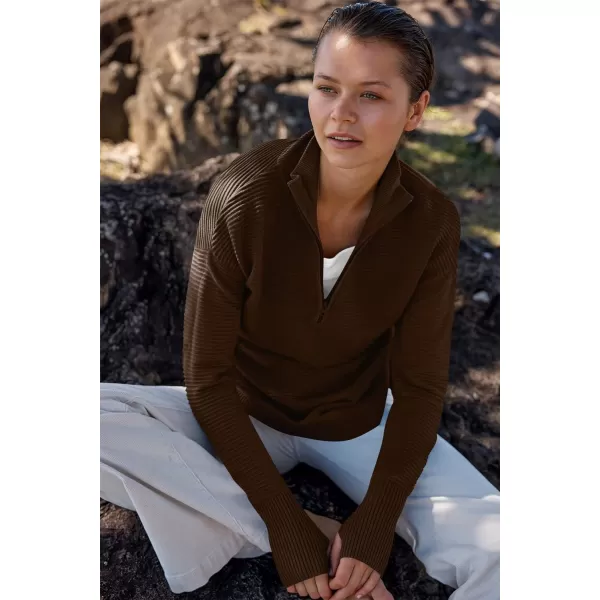imageANRABESS Womens 2023 Trendy Long Sleeve Half Zip V Neck Collared Casual Oversized Ribbed Knit Pullover Sweater Thumb HoleCoffee