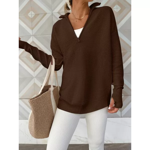 imageANRABESS Womens 2023 Trendy Long Sleeve Half Zip V Neck Collared Casual Oversized Ribbed Knit Pullover Sweater Thumb HoleCoffee