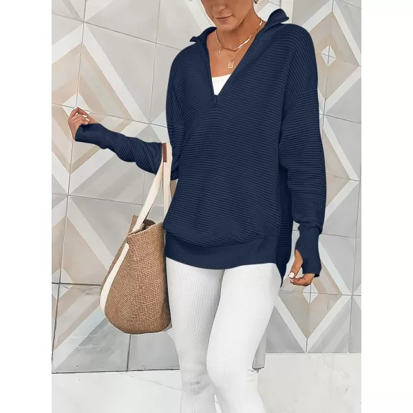 imageANRABESS Womens 2023 Trendy Long Sleeve Half Zip V Neck Collared Casual Oversized Ribbed Knit Pullover Sweater Thumb HoleDark Blue