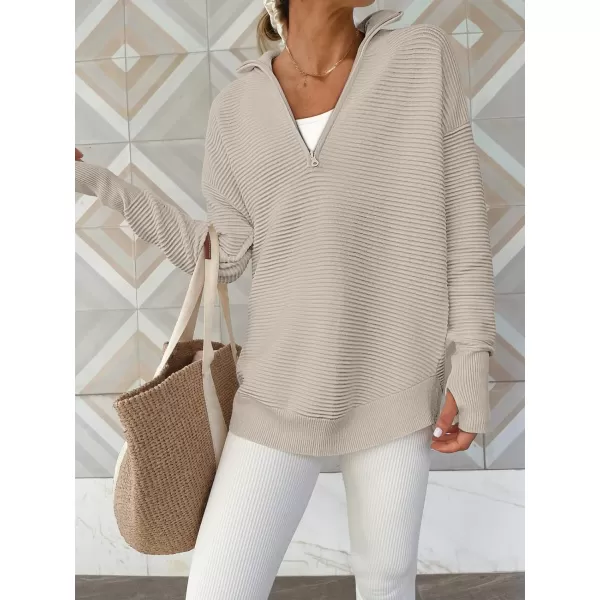imageANRABESS Womens 2023 Trendy Long Sleeve Half Zip V Neck Collared Casual Oversized Ribbed Knit Pullover Sweater Thumb HoleGray Apricot