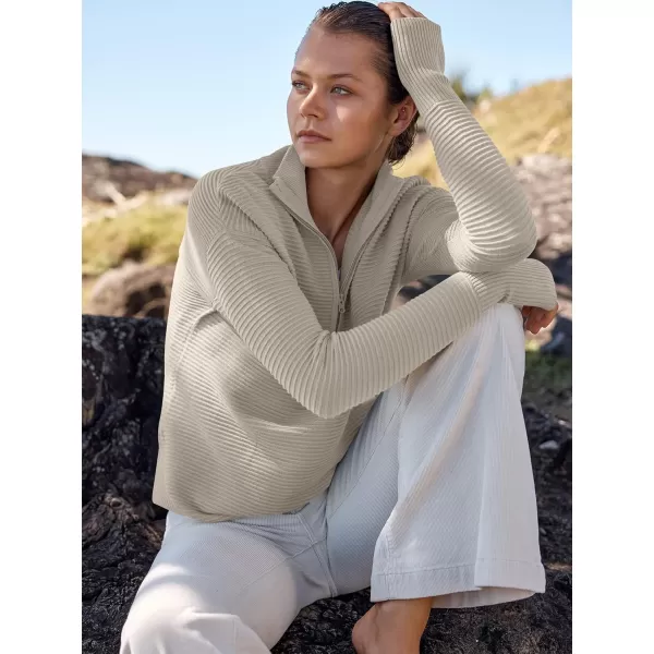 imageANRABESS Womens 2023 Trendy Long Sleeve Half Zip V Neck Collared Casual Oversized Ribbed Knit Pullover Sweater Thumb HoleGray Apricot